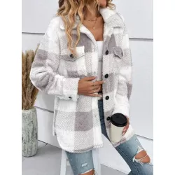 SHEIN LUNE Abrigo teddy con estampado de cuadros de hombros caídos con bolsillo con solapa