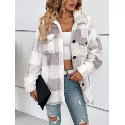 SHEIN LUNE Abrigo teddy con estampado de cuadros de hombros caídos con bolsillo con solapa