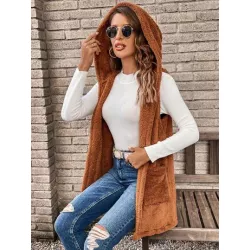 SHEIN LUNE Abrigo chaleco con doble bolsillo con capucha teddy