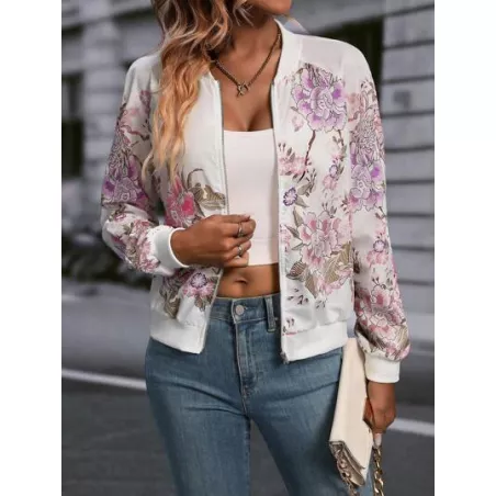 SHEIN LUNE Cazadora tipo bomber con estampado floral de manga raglán con cremallera