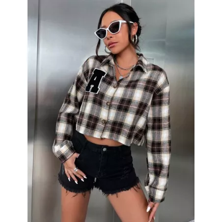 SHEIN EZwear Cazadora con estampado de cuadros con diseño de parche de letra de hombros caídos