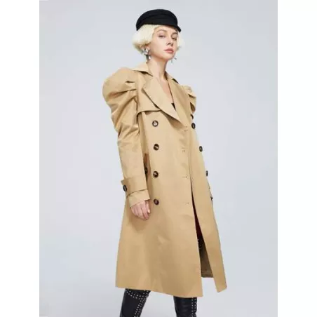 Gabardina de cuello cascada de manga abullonada con botones