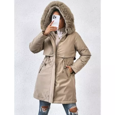 SHEIN EZwear Abrigo parka de cintura con cordón ribete lanudo con capucha