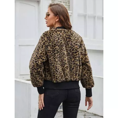 Abrigo con patrón de leopardo con cremallera de peluche