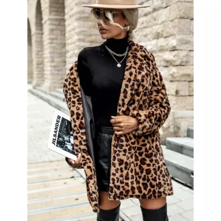 SHEIN Clasi Abrigo con estampado de leopardo con parte delantera abierta de peluche