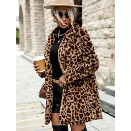 SHEIN Clasi Abrigo con estampado de leopardo con parte delantera abierta de peluche