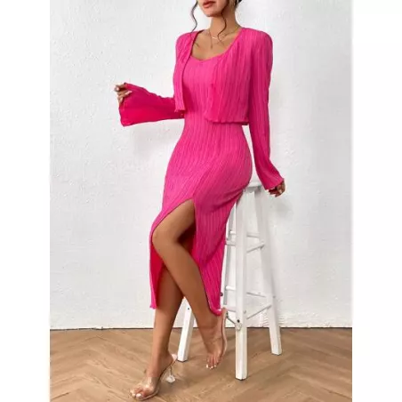 SHEIN Privé Vestido de tirantes unicolor de muslo con abertura & Cazadora con parte delantera abierta