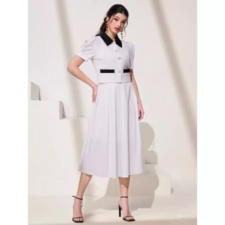 SHEIN Modely Blusa de cuello en contraste de manga farol & Falda con fruncido