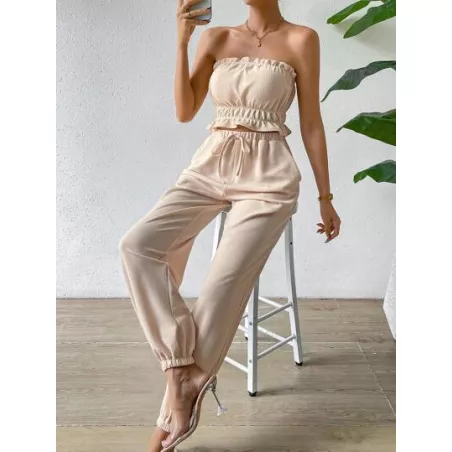 SHEIN Essnce ribete con fruncido Top bandeau & de cintura con cordón Pantalones