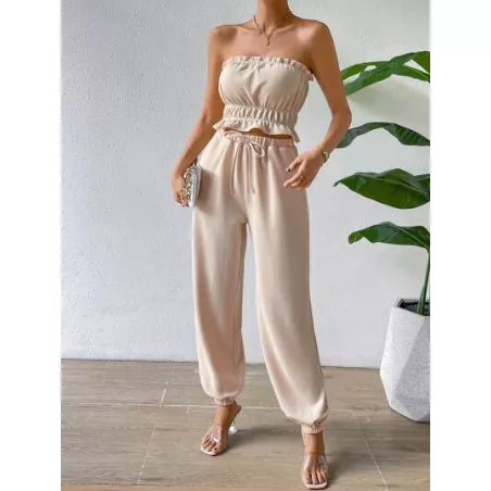 SHEIN Essnce ribete con fruncido Top bandeau & de cintura con cordón Pantalones