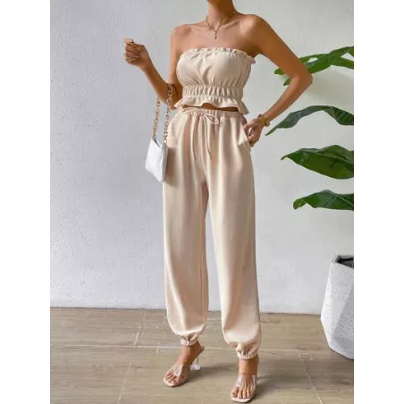 SHEIN Essnce ribete con fruncido Top bandeau & de cintura con cordón Pantalones