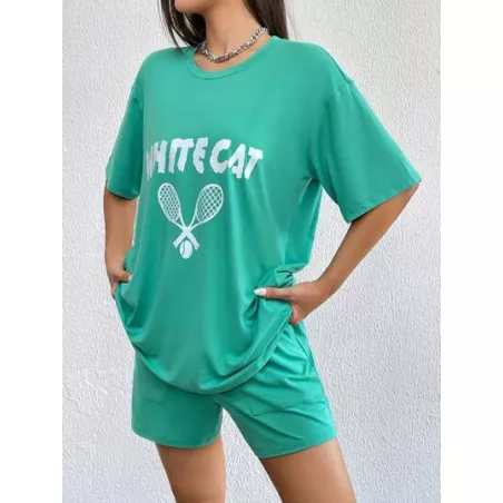 SHEIN EZwear raqueta de tenis & con estampado de letra Camiseta de hombros caídos & de cintura con cordón Shorts