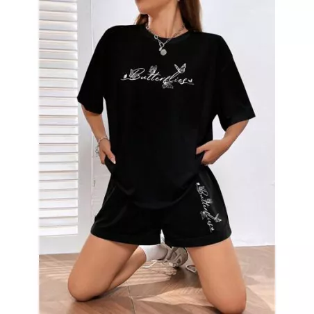 SHEIN EZwear Shorts con camiseta de hombros caídos con estampado de mariposa y letra