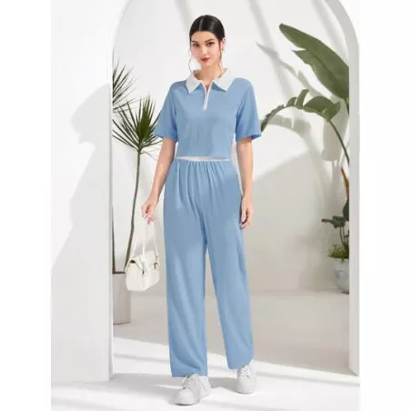 SHEIN Mulvari Camisa polo de cuello en contraste con pantalones