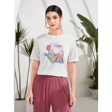 SHEIN Mulvari Pantalones con camiseta con estampado floral y letra