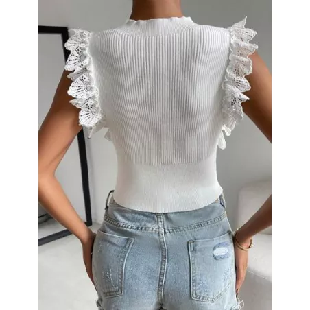 SHEIN Privé Top tejido crop con encaje en contraste de cuello alto