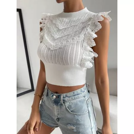 SHEIN Privé Top tejido crop con encaje en contraste de cuello alto