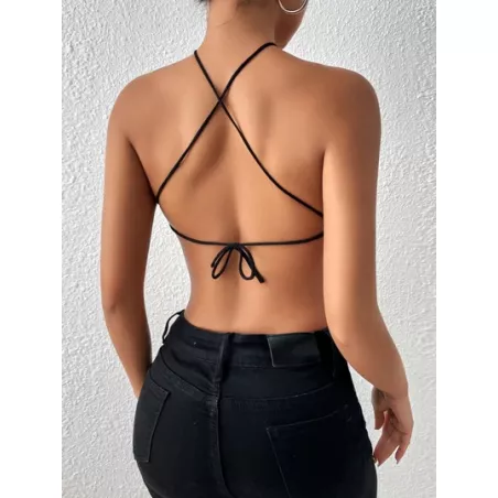 SHEIN BAE Top de punto con patrón de rayas de cebra de espalda abierta con cordón bajo hanky halter