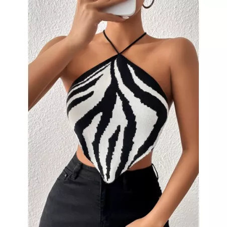 SHEIN BAE Top de punto con patrón de rayas de cebra de espalda abierta con cordón bajo hanky halter