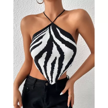 SHEIN BAE Top de punto con patrón de rayas de cebra de espalda abierta con cordón bajo hanky halter