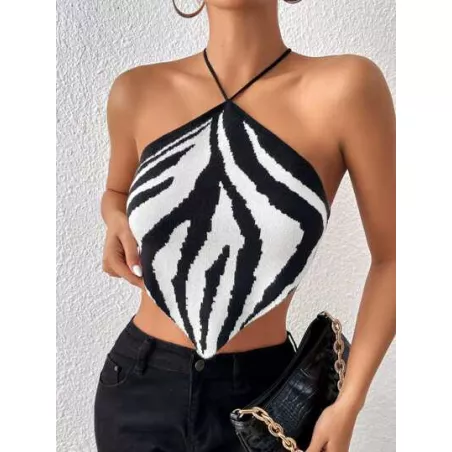 SHEIN BAE Top de punto con patrón de rayas de cebra de espalda abierta con cordón bajo hanky halter