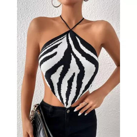 SHEIN BAE Top de punto con patrón de rayas de cebra de espalda abierta con cordón bajo hanky halter