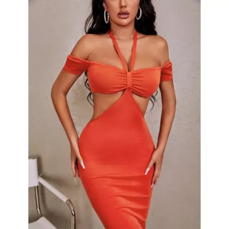 SXY Vestido de punto ajustado de cuello halter pecho con fruncido con abertura con cordón trasero