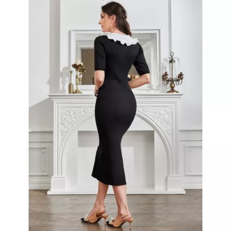 Modely Vestido de punto ribete fruncido de cuello en contraste con botón falso