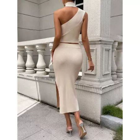 SHEIN Privé de cuello asimétrico Top tejido crop & de muslo con abertura Falda de punto