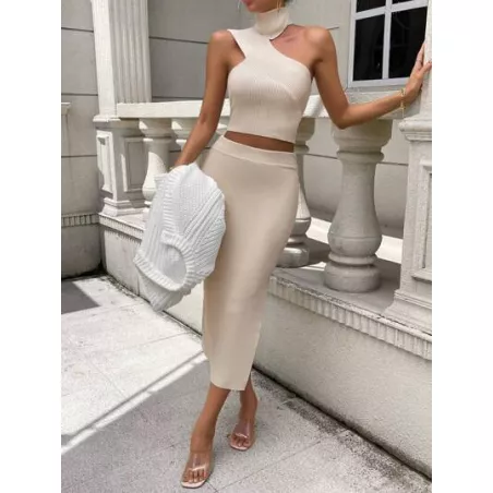 SHEIN Privé de cuello asimétrico Top tejido crop & de muslo con abertura Falda de punto