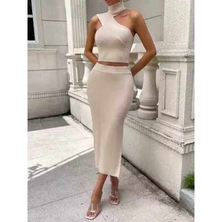 SHEIN Privé de cuello asimétrico Top tejido crop & de muslo con abertura Falda de punto