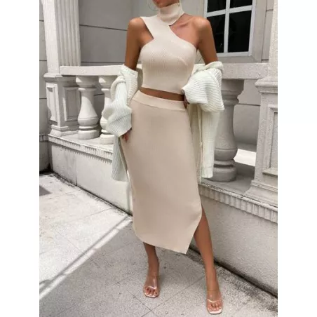 SHEIN Privé de cuello asimétrico Top tejido crop & de muslo con abertura Falda de punto