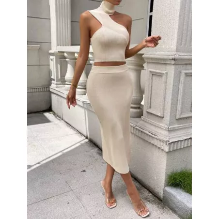 SHEIN Privé de cuello asimétrico Top tejido crop & de muslo con abertura Falda de punto