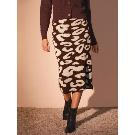 Falda de punto con patrón de leopardo recto
