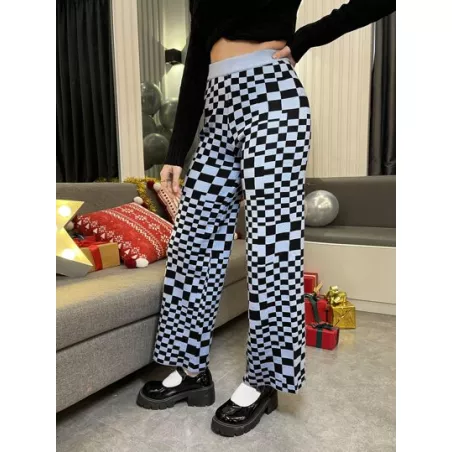 EZwear Pantalones con estampado de cuadros de pierna recta tejido