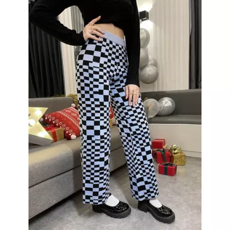 EZwear Pantalones con estampado de cuadros de pierna recta tejido