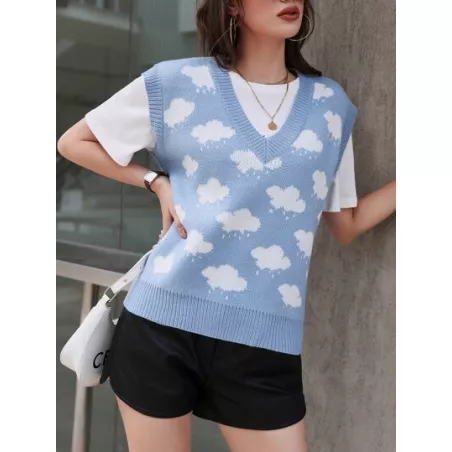 SHEIN Mulvari Chaleco de punto con patrón de nube escote V sin camiseta