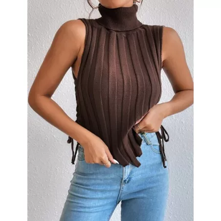 SHEIN BAE Chaleco de punto de cuello tortuga con cordón lateral bajo asimétrico