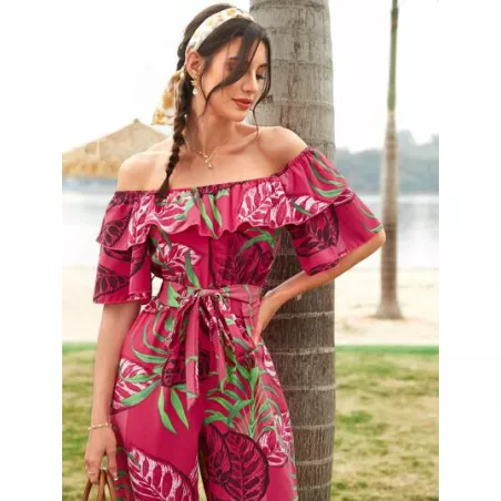 SHEIN Mulvari Mono con estampado tropical de hombros descubiertos ribete con fruncido con cinturón