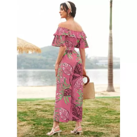 SHEIN Mulvari Mono con estampado tropical de hombros descubiertos ribete con fruncido con cinturón