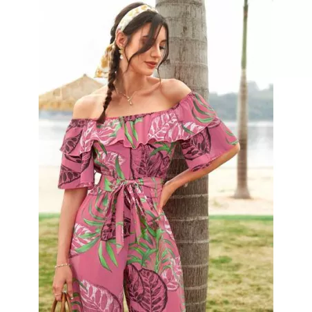 SHEIN Mulvari Mono con estampado tropical de hombros descubiertos ribete con fruncido con cinturón