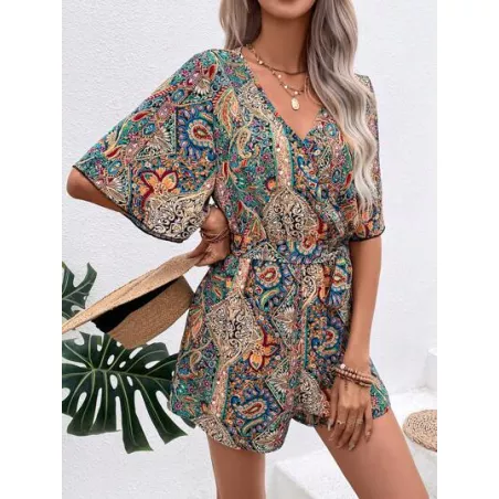 SHEIN LUNE Mono con estampado de paisley de manga mariposa con cinturón