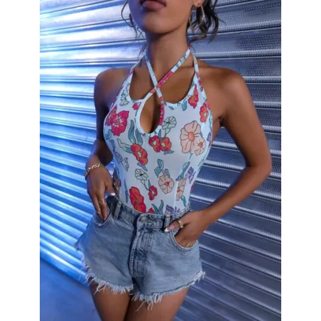 SHEIN ICON Body halter con estampado floral con tira cruzada de espalda abierta con cordón