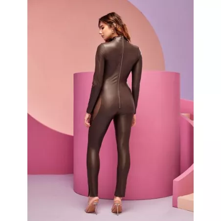 X Allure By Reia Mono unitard de malla con cremallera delantera cuero PU