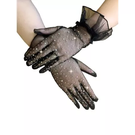 Guantes de mujeres corto con diamante de imitación & de colores con diamante de imitación delgado encaje de malla diseño transpi