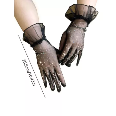 Guantes de mujeres corto con diamante de imitación & de colores con diamante de imitación delgado encaje de malla diseño transpi