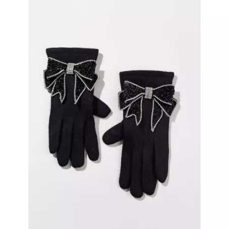 Guantes con mezcla de cachemira con diamante de imitación con diseño de lazo pantalla táctil