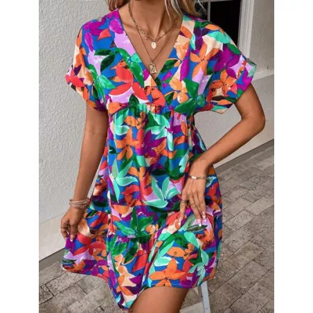 SHEIN VCAY Vestido smock con estampado de manga murciélago bajo con fruncido