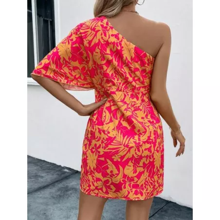 SHEIN LUNE Vestido ajustado con estampado de un hombro de manga murciélago fruncido lateral