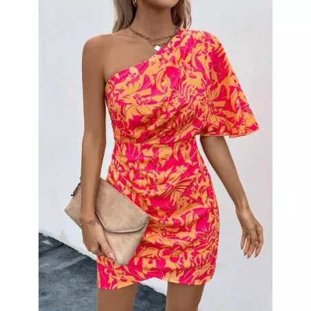 SHEIN LUNE Vestido ajustado con estampado de un hombro de manga murciélago fruncido lateral